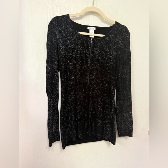 Cache Elegant Glitter Speckled Black Knit Zip Sweater - Picture 2 of 4